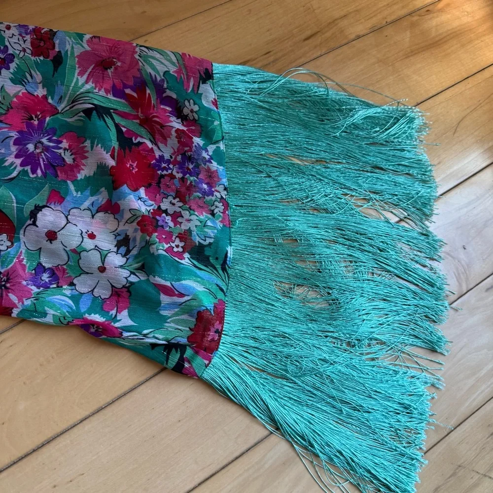 Nasty Gal Teal Floral Wrap Midi Dress with Fringe Size US 6 - Picture 5 of 10